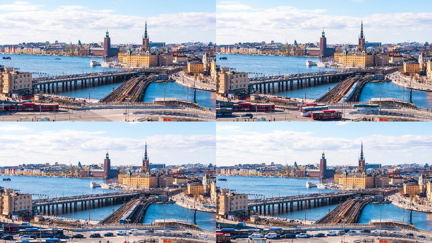 瑞典斯德哥尔摩城市景观的延时视频