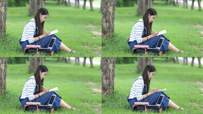 女孩在公园的树下学习