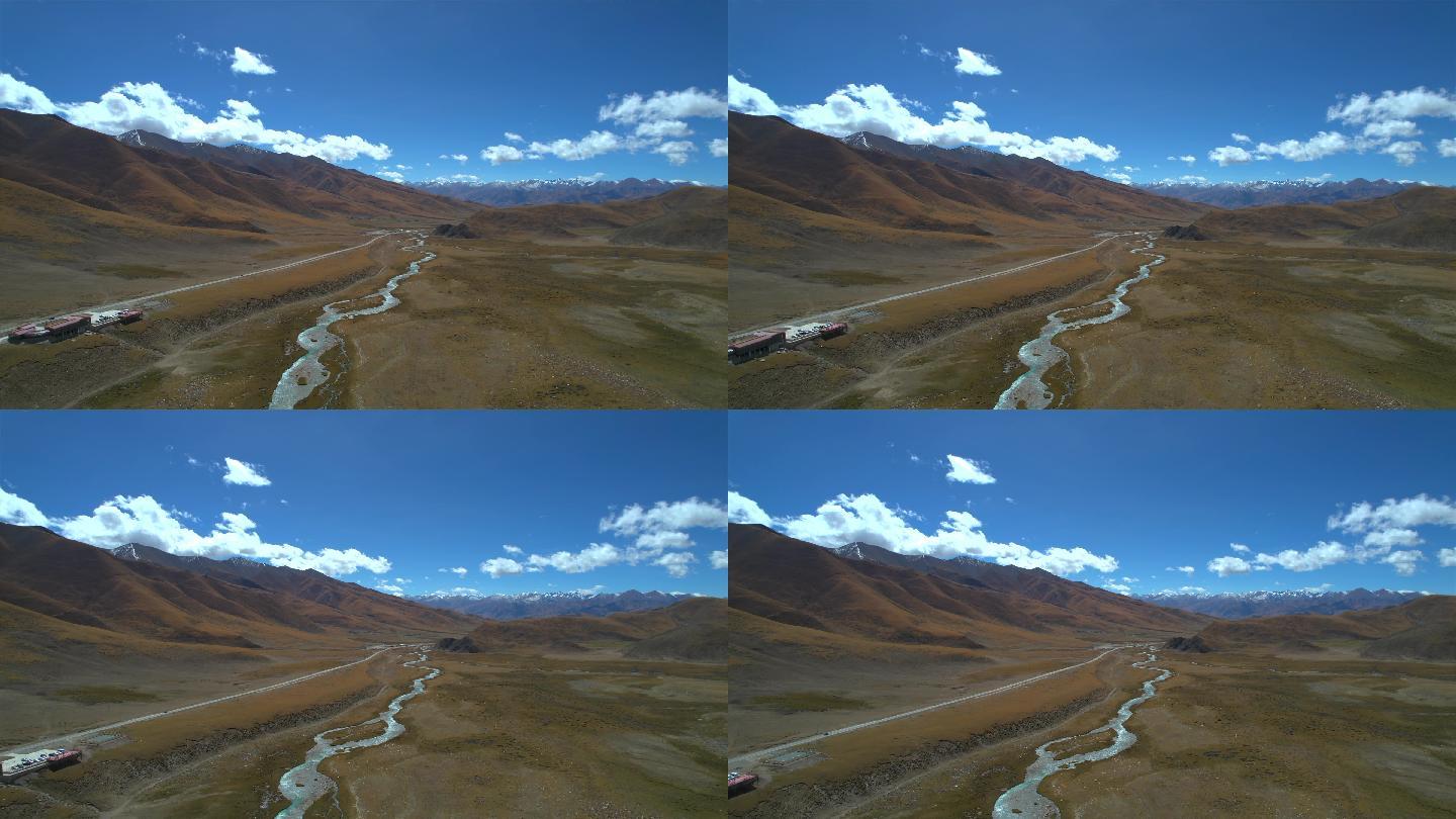 西藏高原上秋天的草原河流风光航拍