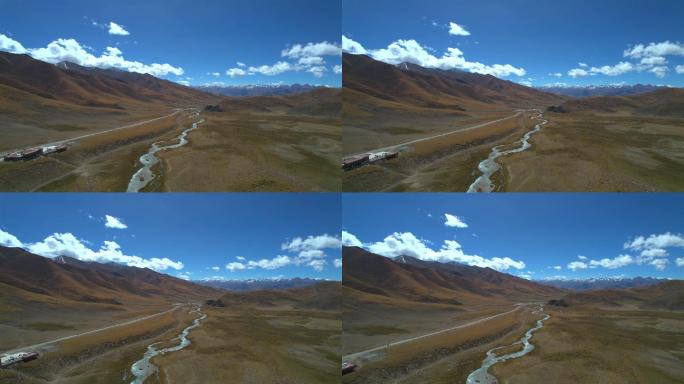 西藏高原上秋天的草原河流风光航拍