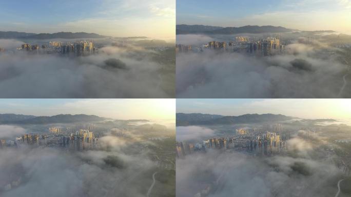 4K云雾中的城市航拍
