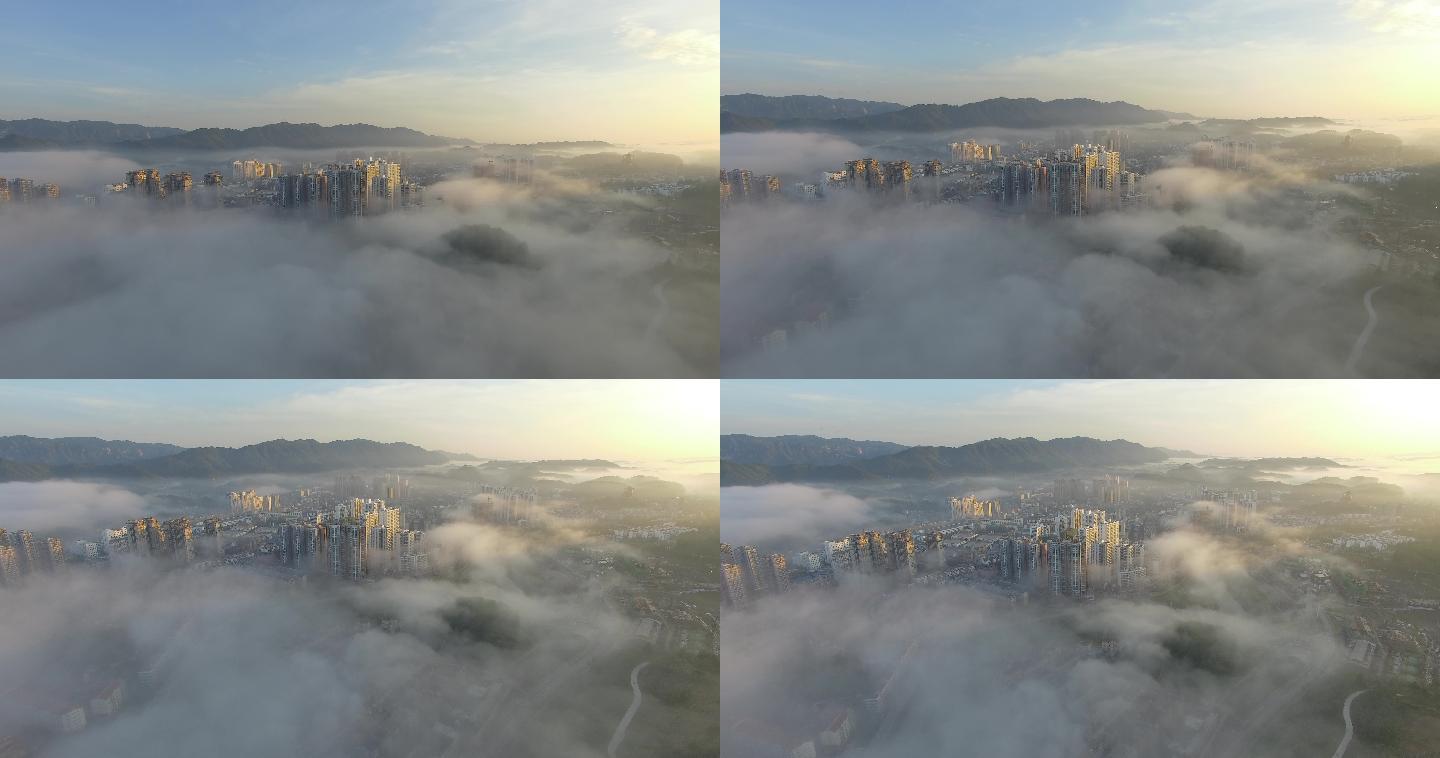 4K云雾中的城市航拍