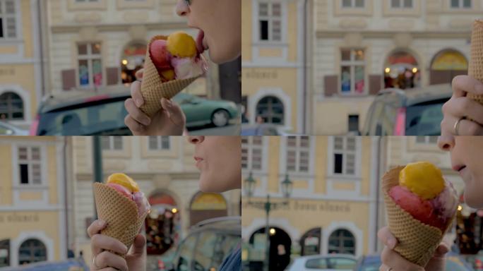 行走的女人吃冰淇淋球