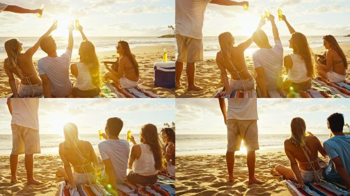 一群朋友在享受一个饮料和放松在日落的海滩上