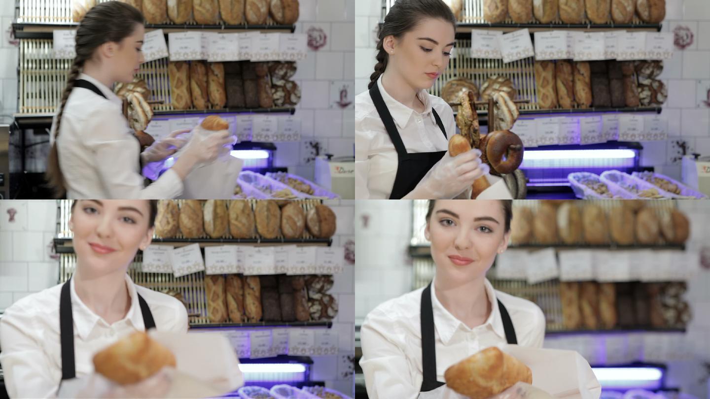面包师提供面包新鲜出炉戴手套