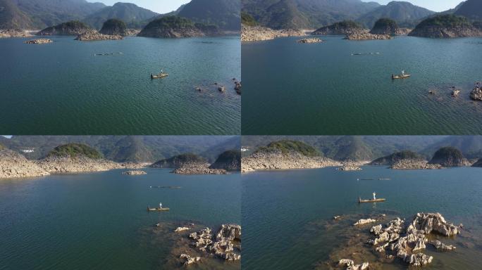 【4K】航拍船只在湖泊上渔夫人物桃花湖