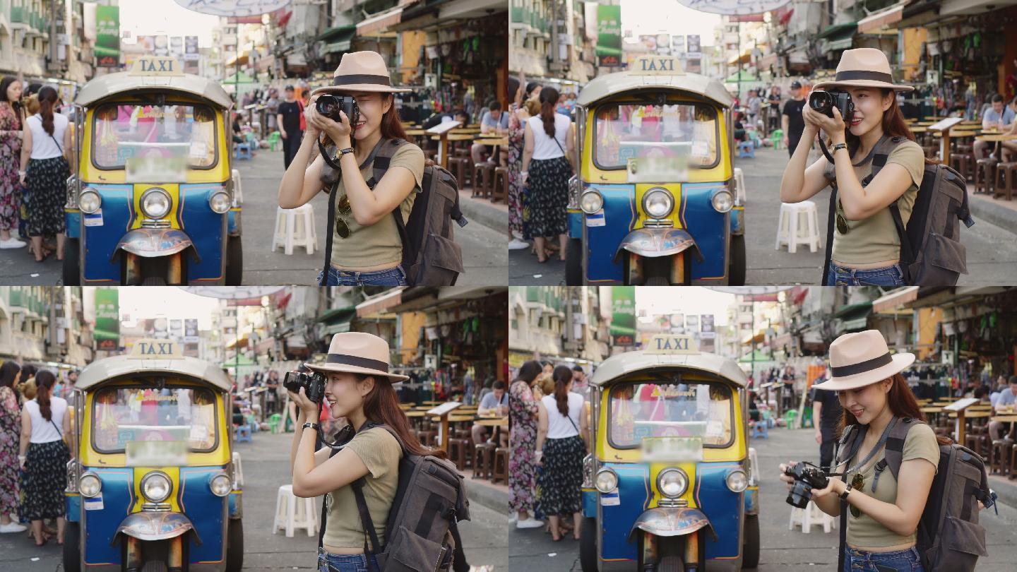 游客在泰国曼谷步行街散步和旅游拍照