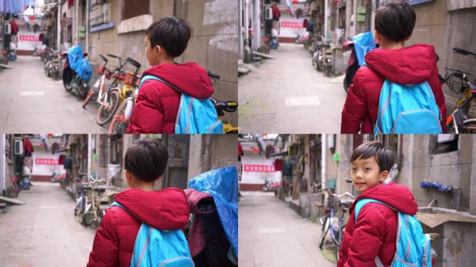 男孩在巷子里走路小学生放学学生健康安全教