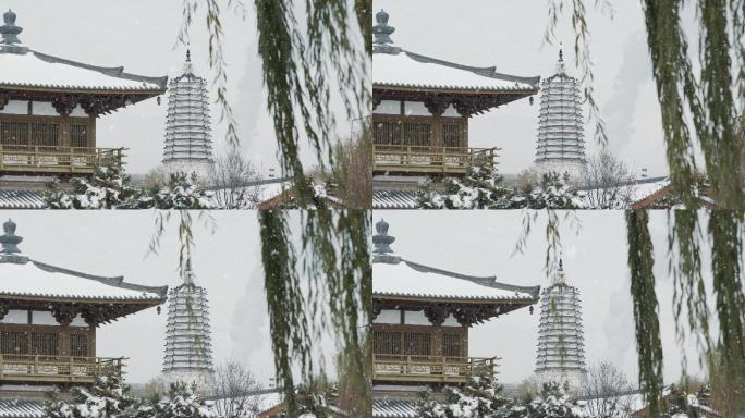 中国传统古塔与寺庙冬季雪景