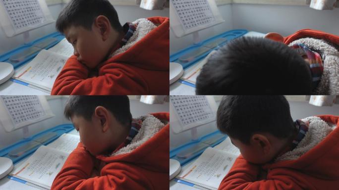 男孩在家学习写字写作业功课打盹疲惫