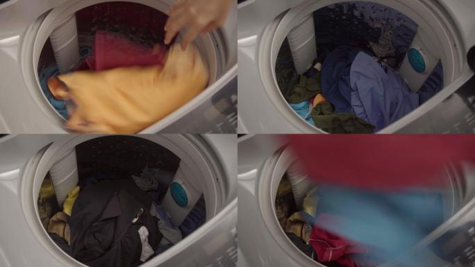 洗衣机洗衣服的特写。