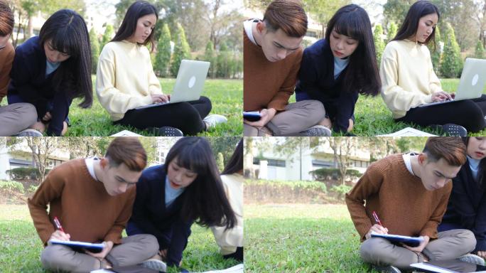 大学生坐在绿色的草地上讨论