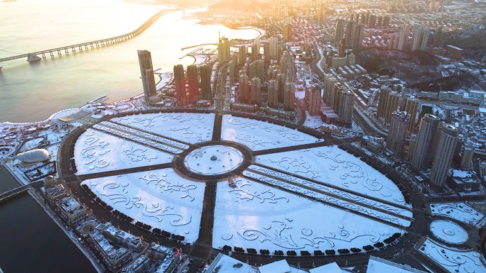 大连星海广场城市冬季雪景航拍