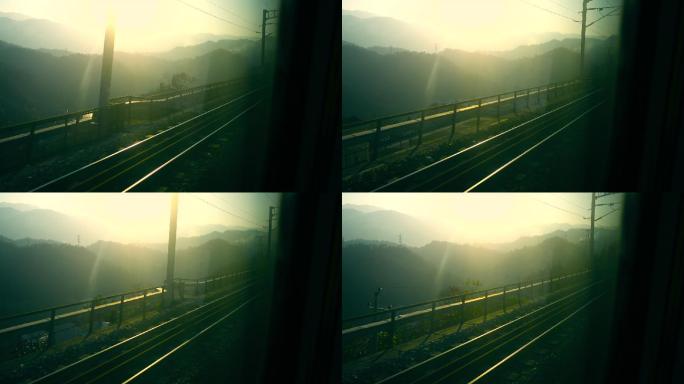 火车窗口视图田园风光地形太阳