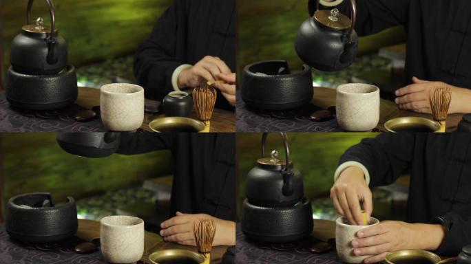 在餐桌上冲泡抹茶绿茶