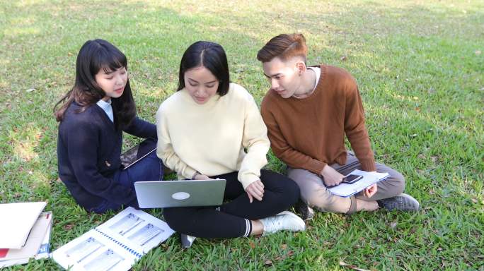 大学生坐在绿色的草地上讨论