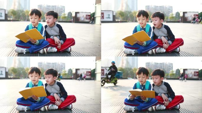 在看书的两个小男孩