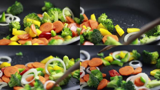 在平底锅里炸蔬菜健康饮食素菜减脂餐