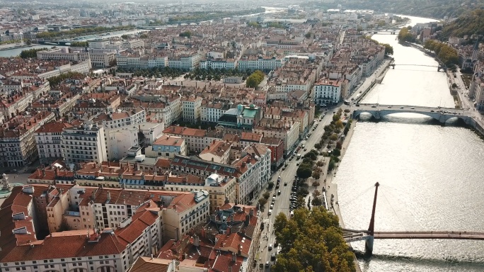 法国里昂、罗纳河和索恩河的鸟瞰图