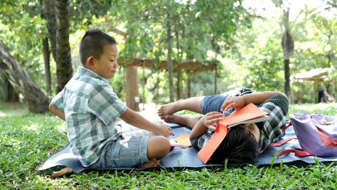 两个男孩坐在公园里看书。教育的概念