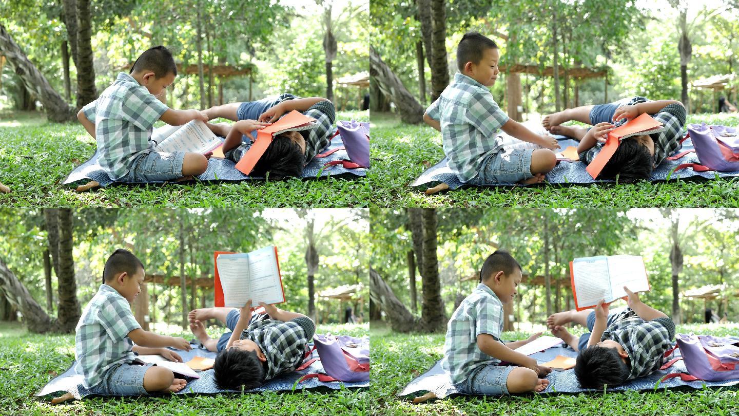 两个男孩坐在公园里看书。教育的概念
