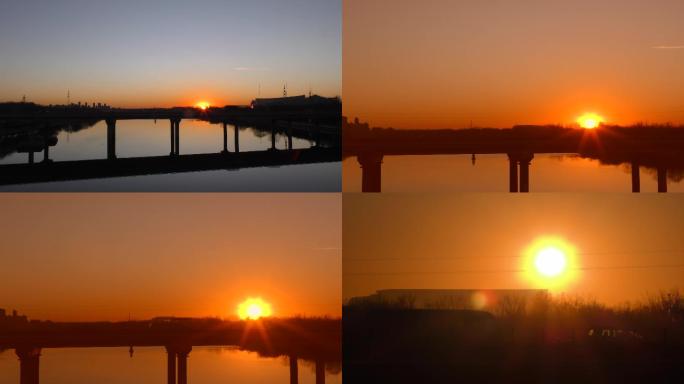 大桥日出延时早晨车流清晨太阳从大桥升起