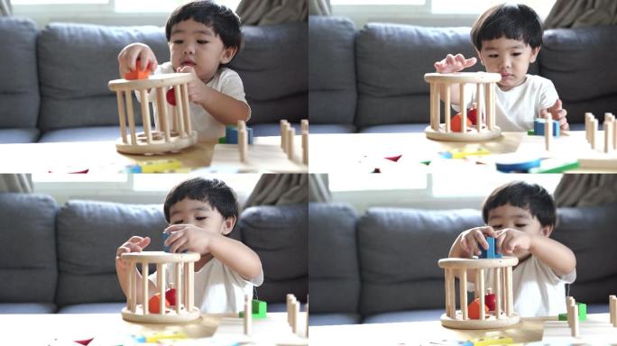 男孩玩木头玩具教育在家