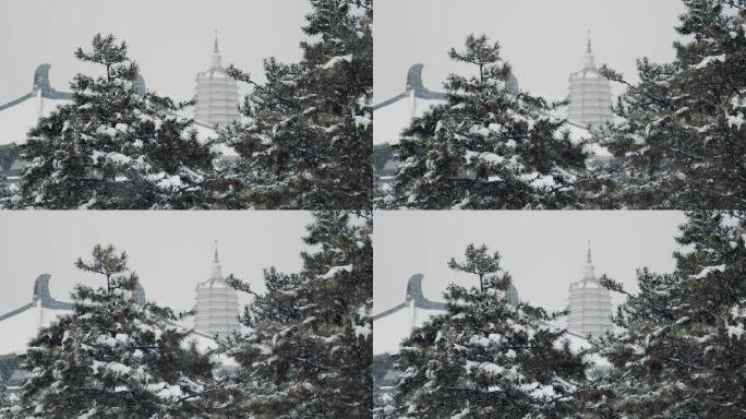 中国传统古塔与寺庙冬季雪景