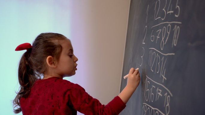 小女孩在黑板上写数字