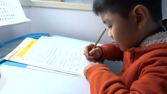 亚洲男孩在家学习铅笔小学生写作业