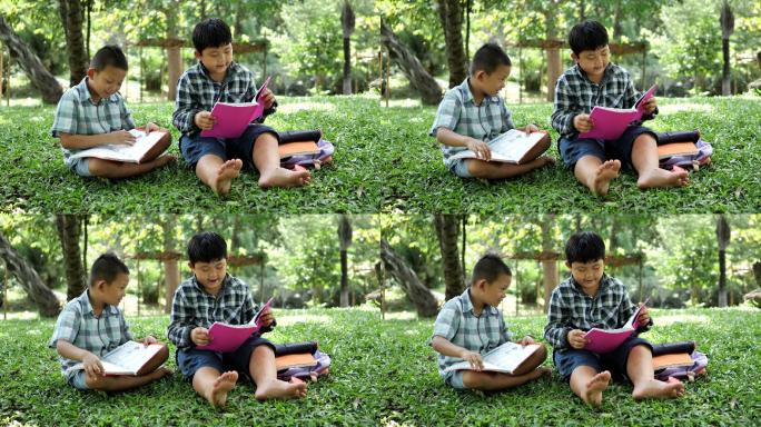两个男孩坐在公园里看书