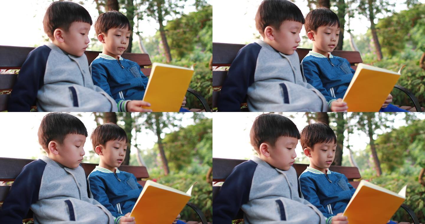 两个小男生在公园阅读