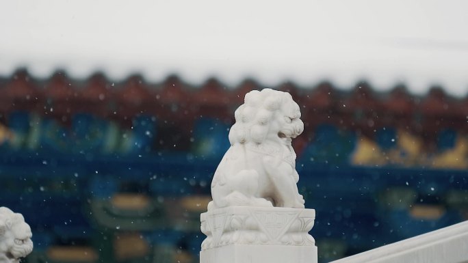 中国传统古塔与寺庙石狮子冬季雪景