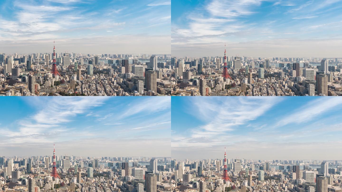 4K延时:东京塔和日本城市景观鸟瞰图