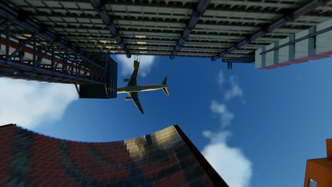 办公大楼上空的飞机
