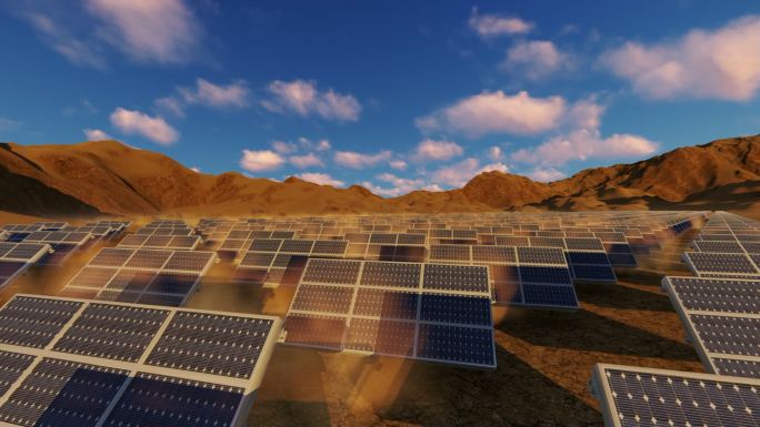 太阳能电池板散布在沙漠中