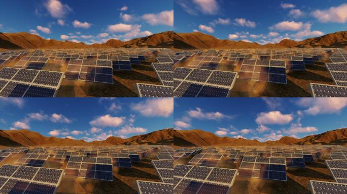 太阳能电池板散布在沙漠中
