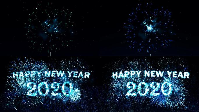 蓝色烟花显示倒计时2020新年快乐