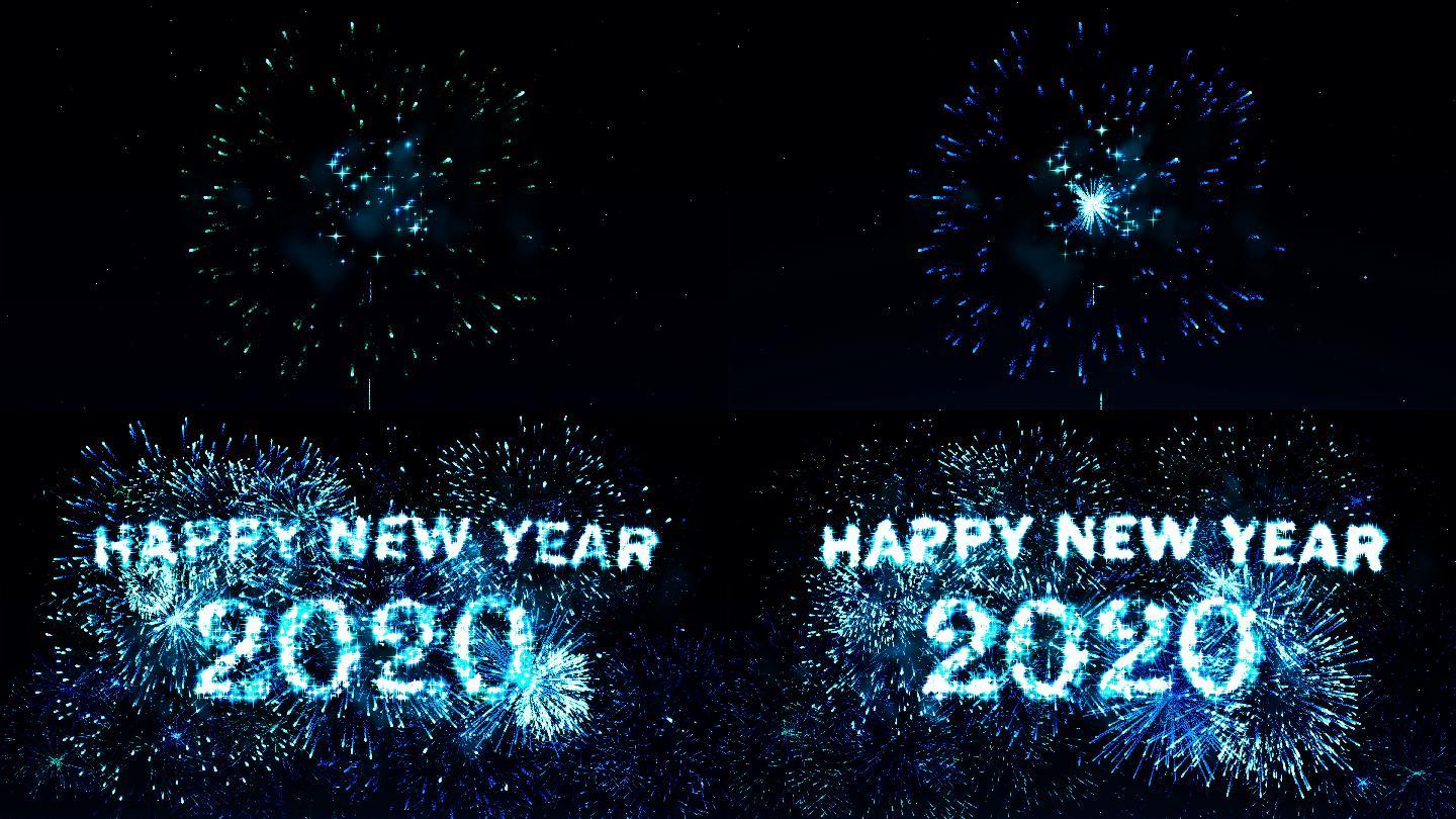 蓝色烟花显示倒计时2020新年快乐