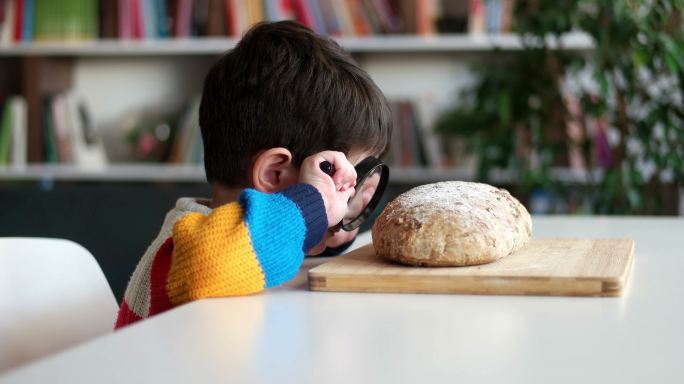 小男孩用放大镜看酸面包。