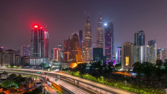 吉隆坡天际线城市夜景宣传车流量延时