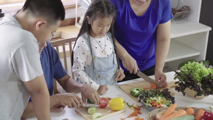 一家四口在做饭厨房儿子乐趣