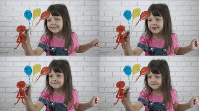 快乐的孩子描绘对着镜子画图插画可爱女孩棒