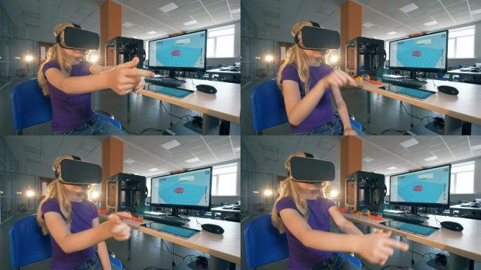 女学生戴着3D虚拟现实眼镜在学校实验室