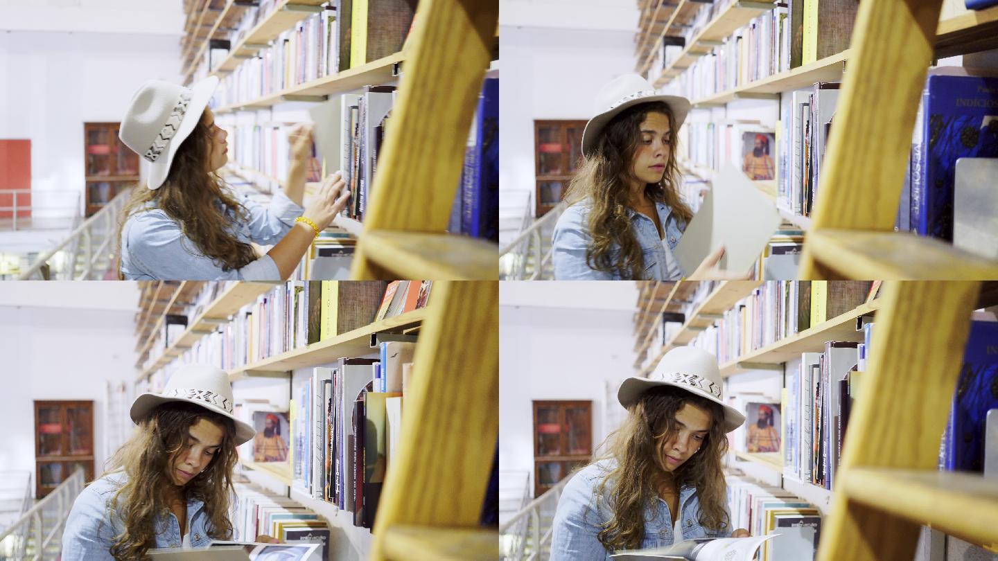 漂亮的女孩戴着帽子从书架上拿书