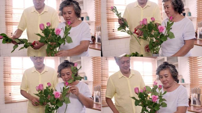 老年夫妇生活方式白头偕老夫妻恩爱插花玫瑰