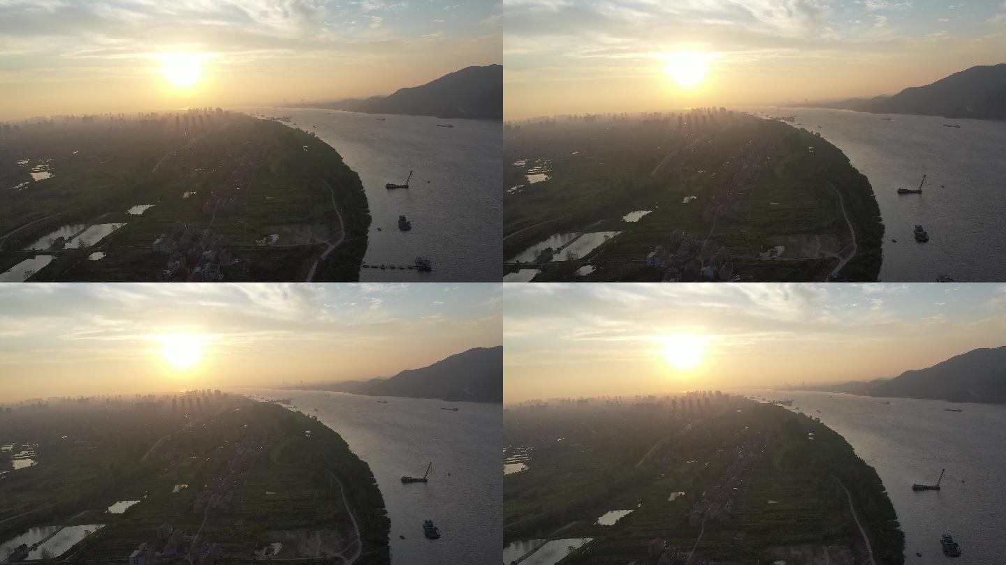 清晨日出长江沿岸航拍