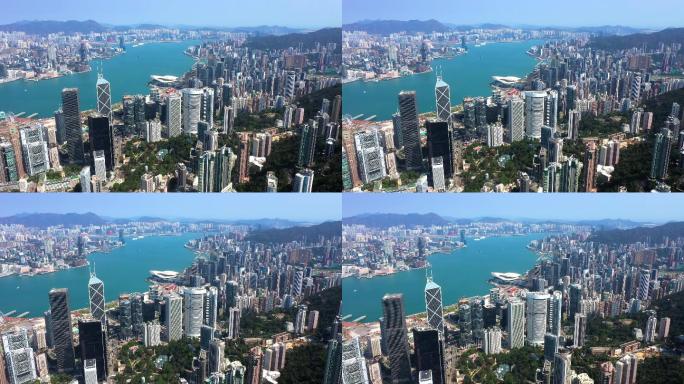 中国香港维多利亚港及山顶鸟瞰图