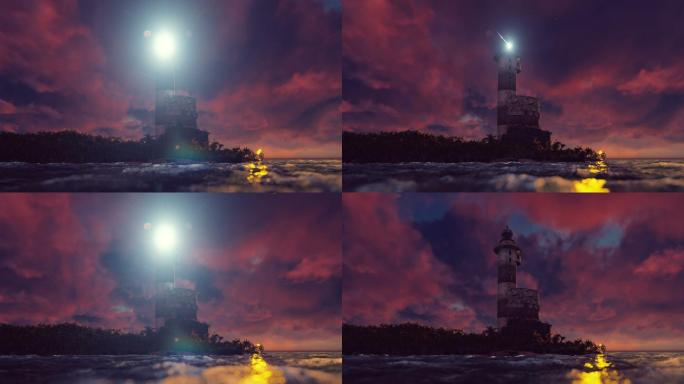 灯塔的光在日落时在海岸上旋转