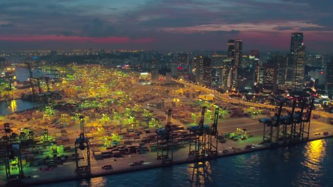航拍新加坡港口夜景